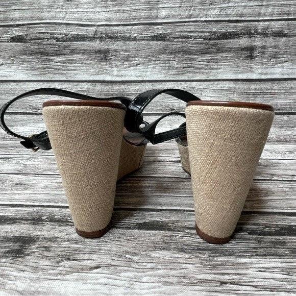 J. Crew Womens Patent Leather Canvas Wedge Sandals 7 Beige Black Made in Italy - Picture 6 of 13